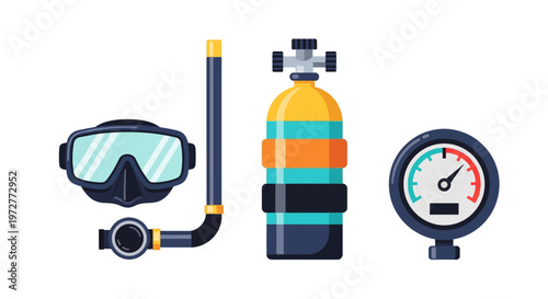 Diving gear set with mask, snorkel, oxygen tank, and pressure gauge in flat design