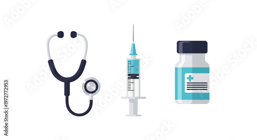 Healthcare icons: stethoscope, syringe, and medicine bottle in flat design