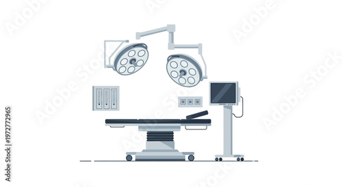 Modern medical operating room equipment with surgical lights and monitor