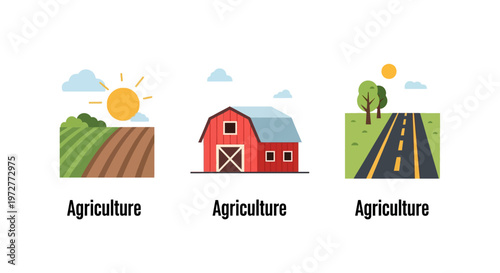 Flat design farm scenes with barn, fields, and road for agricultural concepts