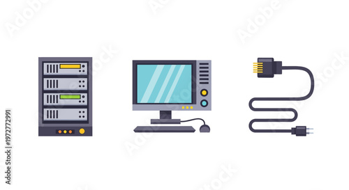 Flat style technology icons: server, computer, ethernet cable