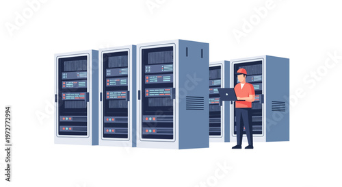 Technician managing data servers in modern server room
