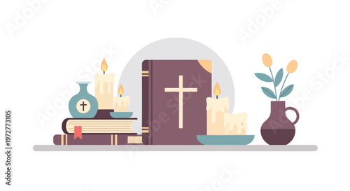 Religious candlelight scene with books, flowers, and cross