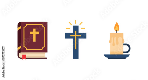 Minimalist religious symbols: bible, cross with light, and candle