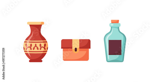 Flat style ancient pottery, chest, and bottle icons on white background