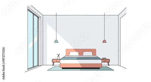 Minimalist bedroom design with large windows and modern decor