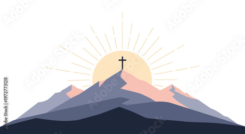 Sunrise over mountain with cross silhouette in minimalist style