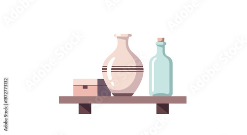 Minimalist flat style shelf with decorative vases and box