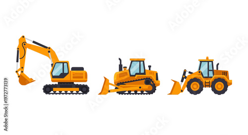 Set of construction vehicles: excavator, bulldozer, and loader