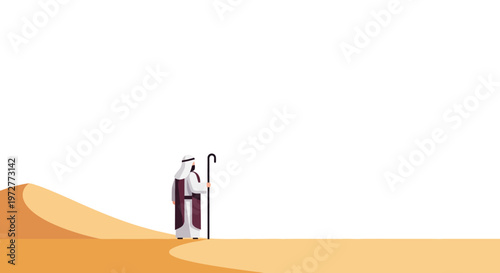 Minimalist desert scene with traditional middle eastern man and sand dunes