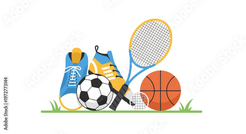 Colorful sports equipment set on grass with tennis and basketball gear