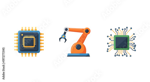 Colorful technology set: microchip and robotic arm design
