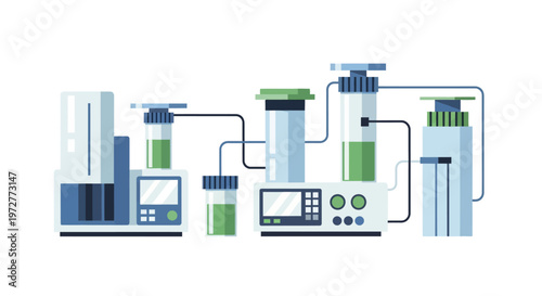 Modern flat style laboratory equipment with connected scientific apparatus