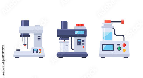 Modern flat style laboratory equipment collection with three machines
