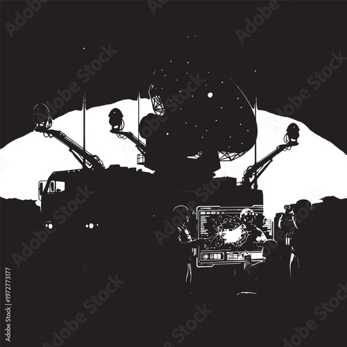 Silhouette of a mars rover on a rocky surface with space exploration with alien planet with outer space with black and white with extraterrestrial