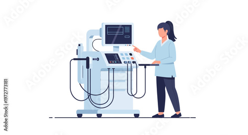Healthcare professional operating modern medical equipment in flat design