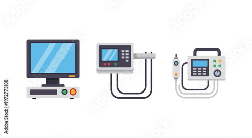 Flat style medical monitor and control panels set on white background