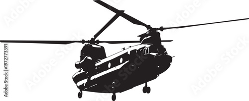 Silhouette of a twin-rotor heavy-lift helicopter in flight against a white background with air force with army aviation with helicopter pilot