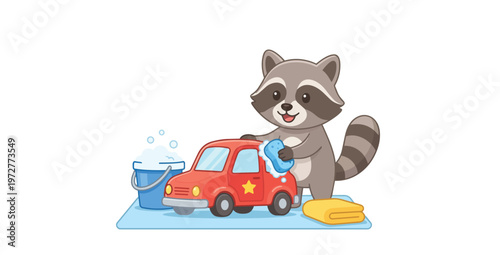 Cute smiling raccoon washing red star decal toy car with sponge near bucket of soap bubbles and folded towel in colorful vector illustration
