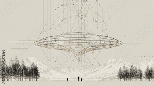 Futuristic Ufo Landing In Mountainous Landscape With Trees And People For Science Fiction Concepts
