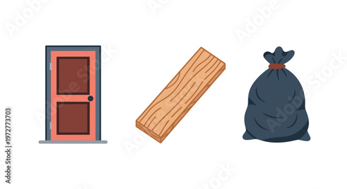 Door, wooden plank, and trash bag icons in flat style