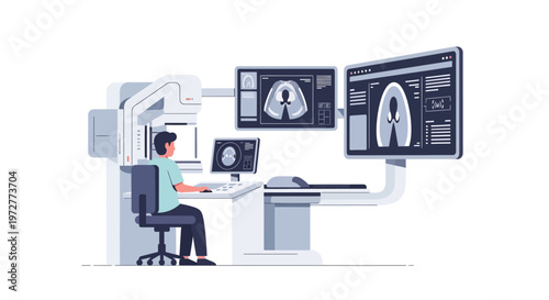 Radiologist analyzing x-ray scans on monitors in modern hospital setting