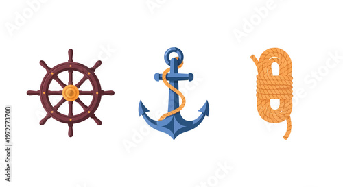 Nautical symbols: ship wheel, anchor, and rope on white background