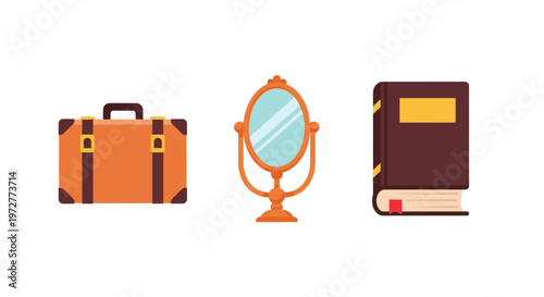 Vintage travel, vanity, and reading essentials in flat design