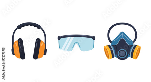 Safety gear: headphones, goggles, and respirator on white background