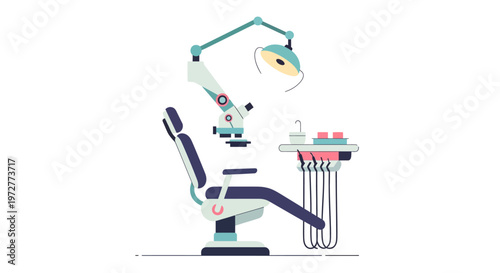 Modern dental chair with equipment and overhead light in flat design
