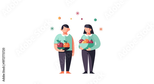 Friendly pair holding fruit baskets in playful minimalist style