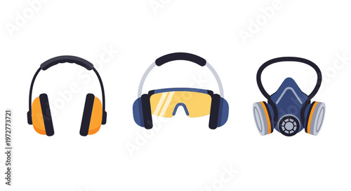 Essential safety equipment: earmuffs, goggles, and respirator masks for protection