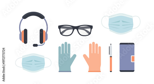 Essential office equipment and health accessories in minimalist style