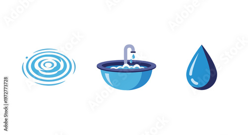 Water icon set with ripple, faucet, and droplet in flat design