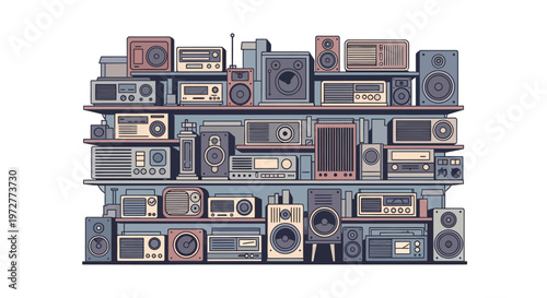 Retro audio equipment on shelves in vintage flat style