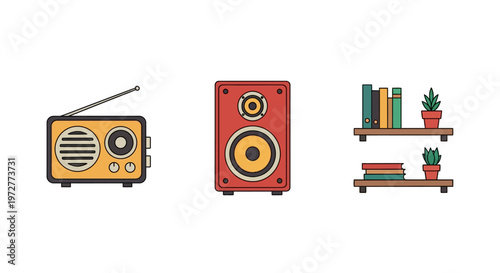 Retro radio, vintage speaker, and bookshelf with plants in flat design