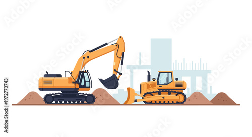 Construction equipment at work site with excavator and bulldozer in flat design