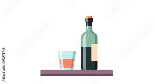 Modern flat design of wine bottle and glass on a shelf