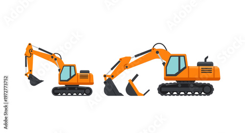 Construction site machines: detailed flat style excavators with orange arm and shovel