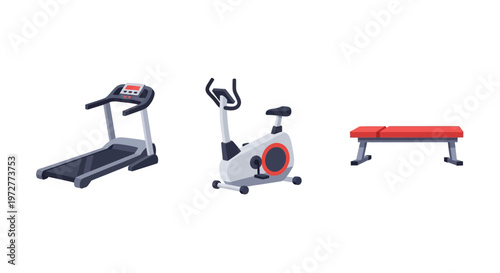 Modern fitness equipment set with treadmill, exercise bike, and bench