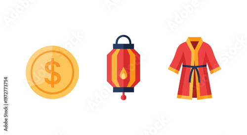 Flat design elements: currency symbol, lantern, traditional robe
