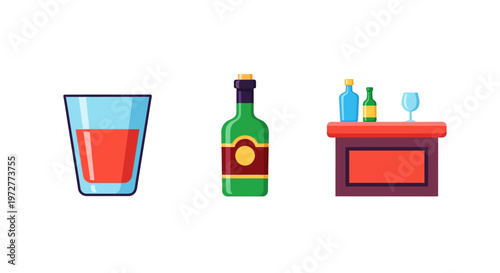Colorful beverage elements: glass, wine bottle, and bar counter icons
