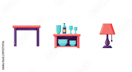 Minimalist furniture set with table, shelf, and lamp