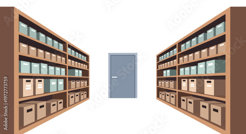 Organized office shelving with boxes and files in minimalist interior design