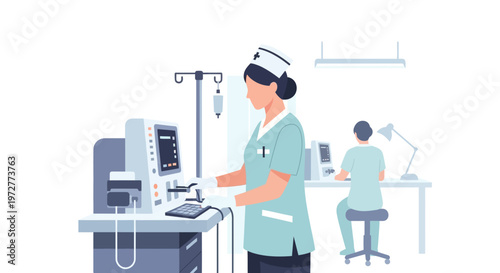 Healthcare professionals in hospital setting with medical equipment in modern office environment