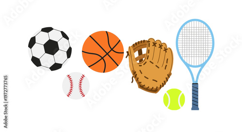 Colorful sports equipment set with ball, glove, and racket illustration