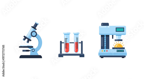 Flat design science equipment: microscope, test tubes, and coffee maker