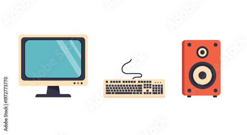 Vintage electronics set with computer, keyboard, and speaker in flat design