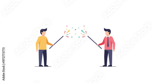 Businessmen celebrating with sparklers in minimalist style