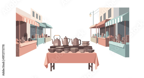 Outdoor market with teapots and crockery displayed on stalls